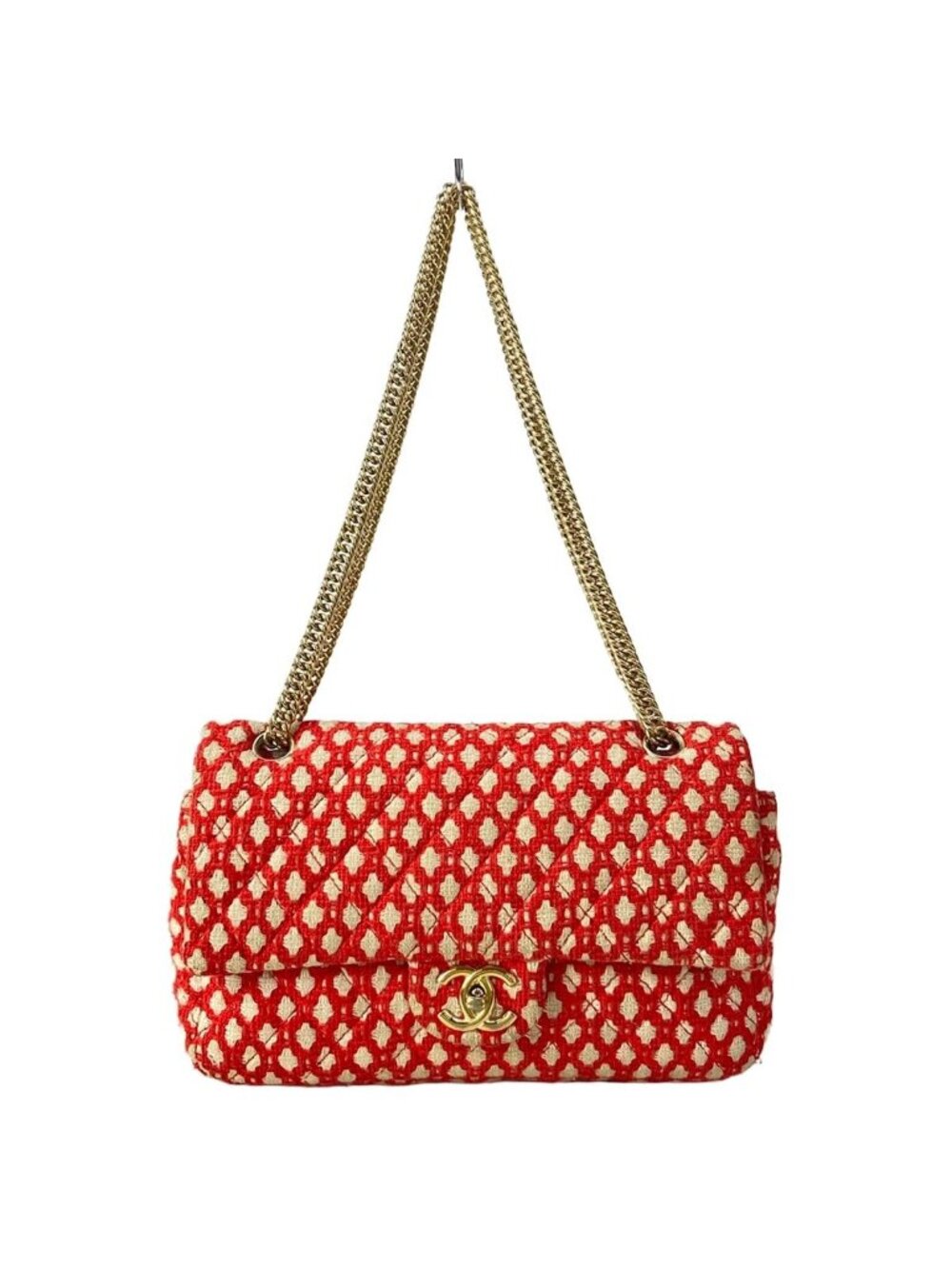 Chanel Shoulder Bag Double Flap Quilted Red Ivory Gold